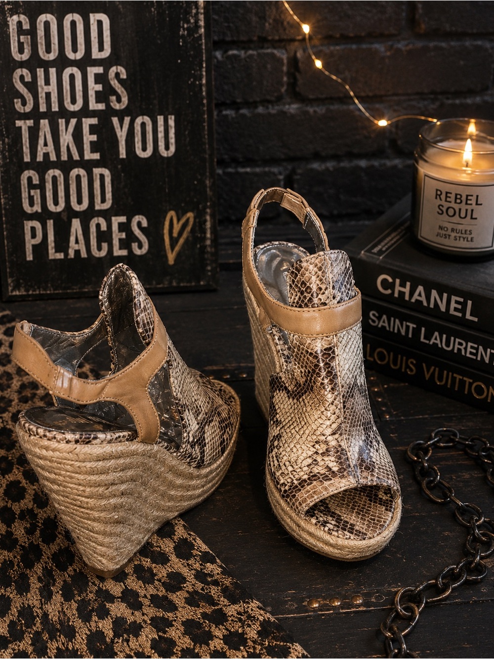 Open toe snakeskin wedges size 7